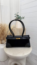 Suede and Leather Top Handle Bag - BLACK