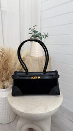 Suede and Leather Top Handle Bag - BLACK