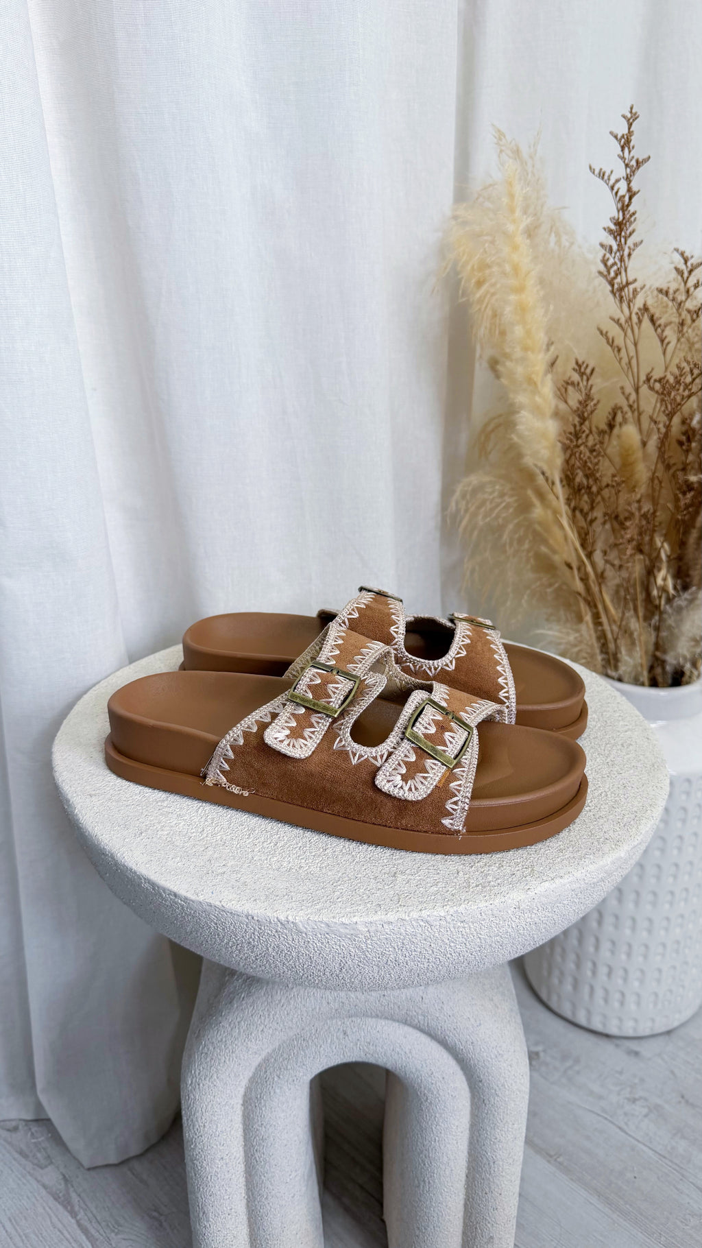 Stitch Trim Suede Sliders - TAN