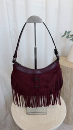 Suede Fringe Shoulder Bag - BURGUNDY