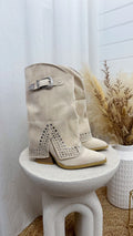 Silver Stud Fold Over Cowboy Boots - BEIGE