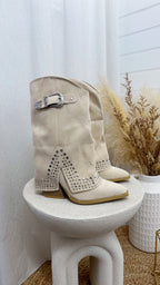 Silver Stud Fold Over Cowboy Boots - BEIGE