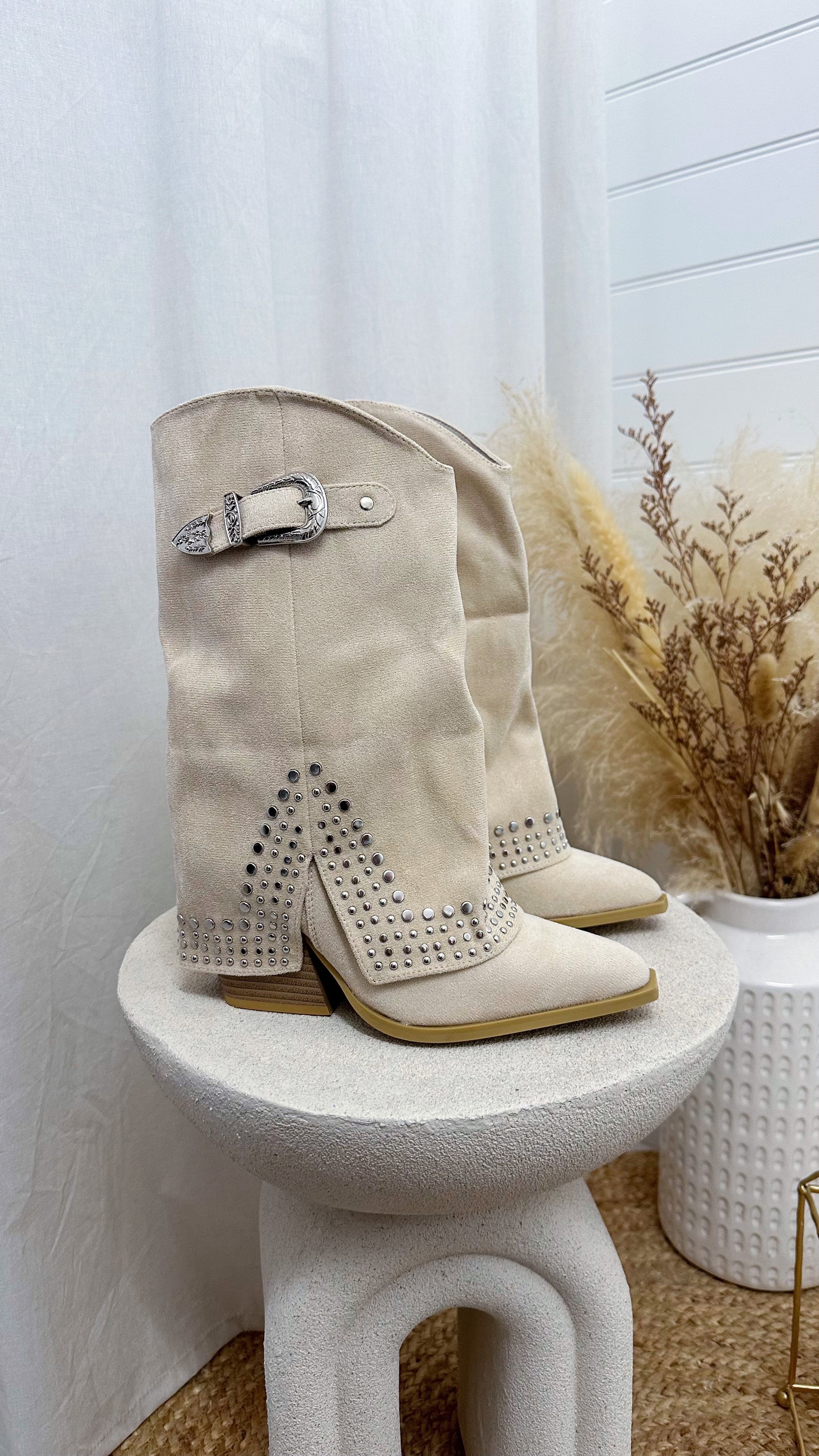 Silver Stud Fold Over Cowboy Boots - BEIGE