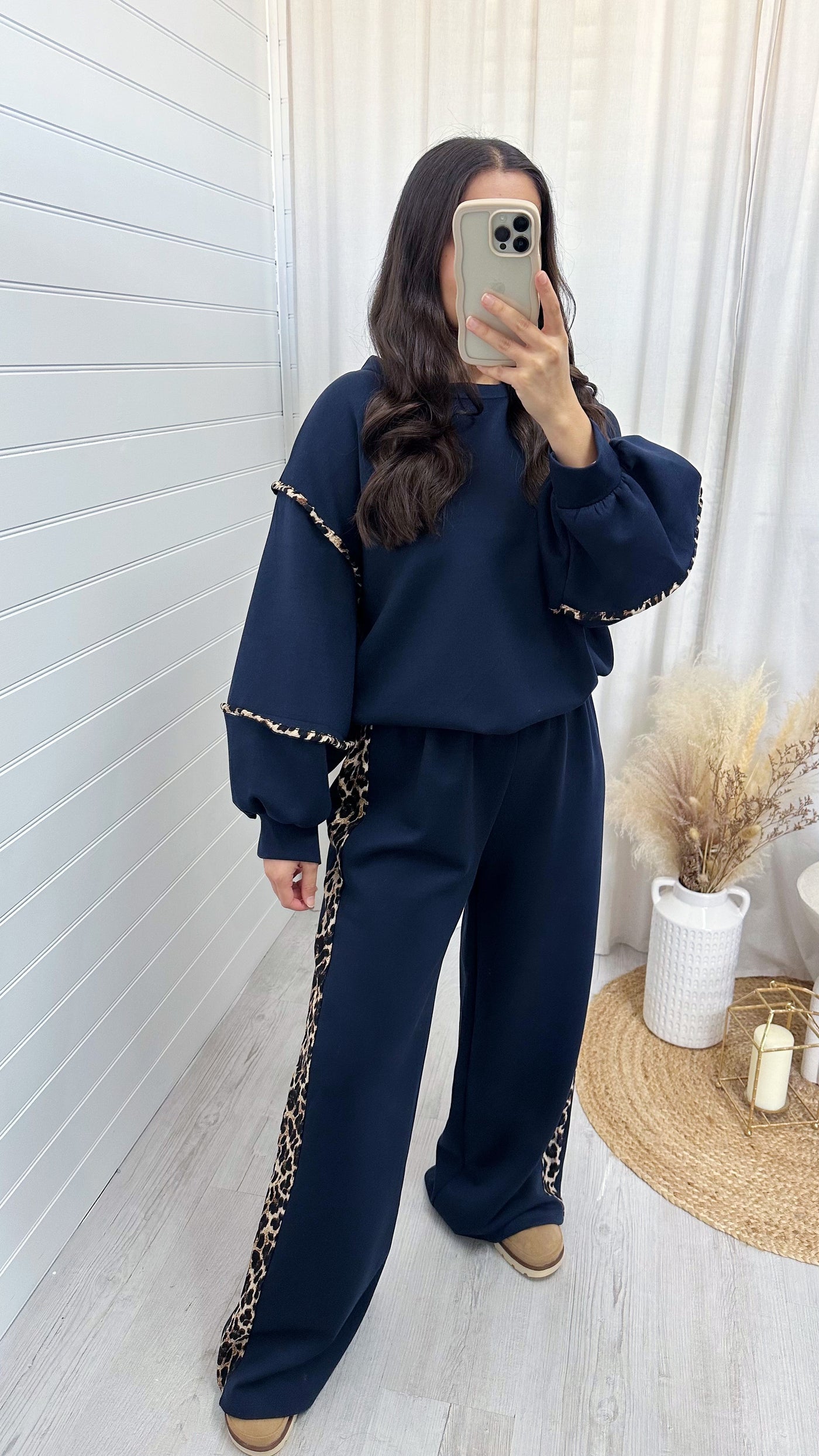 Balloon Sleeve Leopard Trim Sweatshirt and Wide Joggers Co-Ord - NAVY