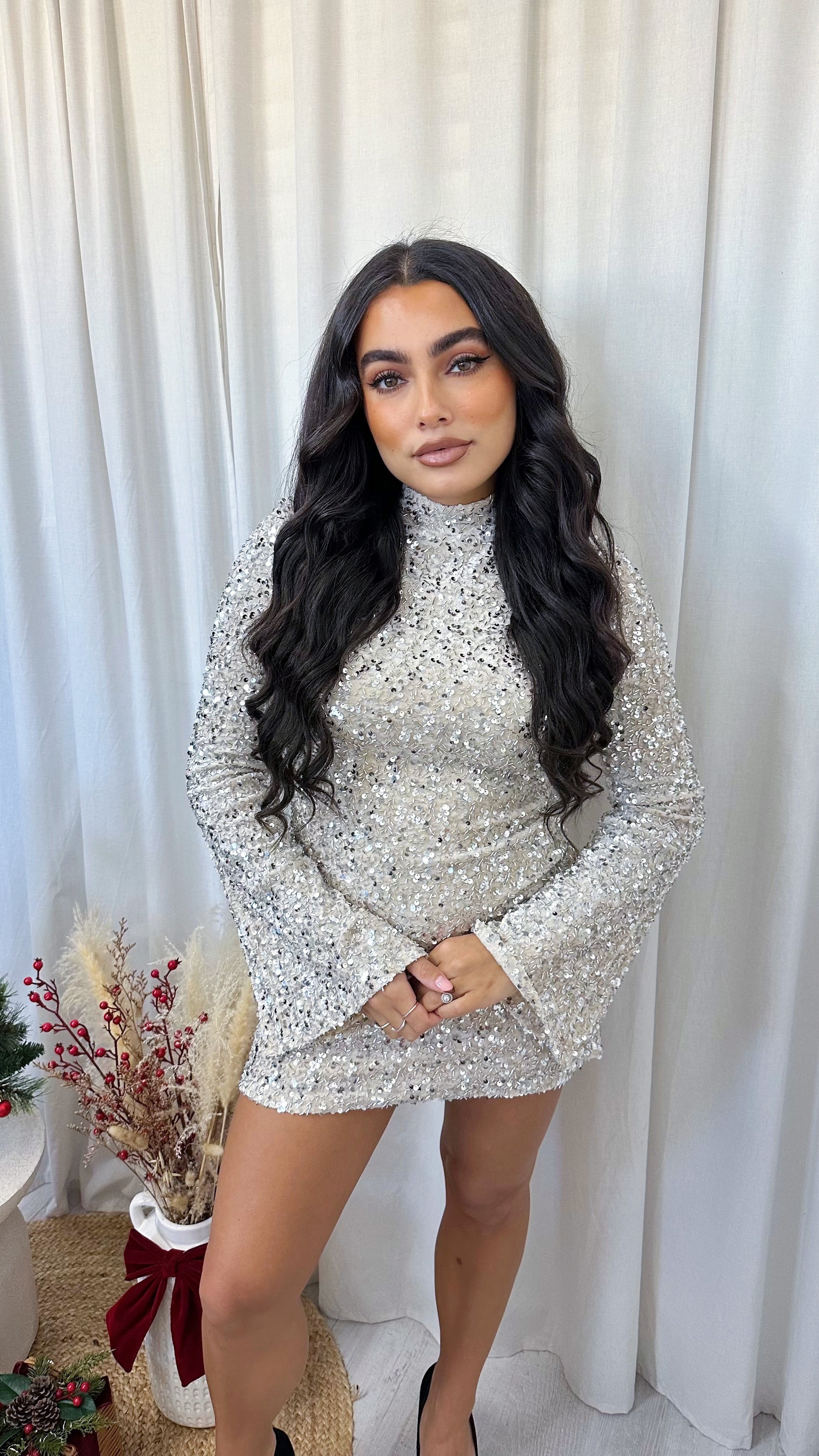 Velvet Sequin Bell Sleeve Dress - CREAM