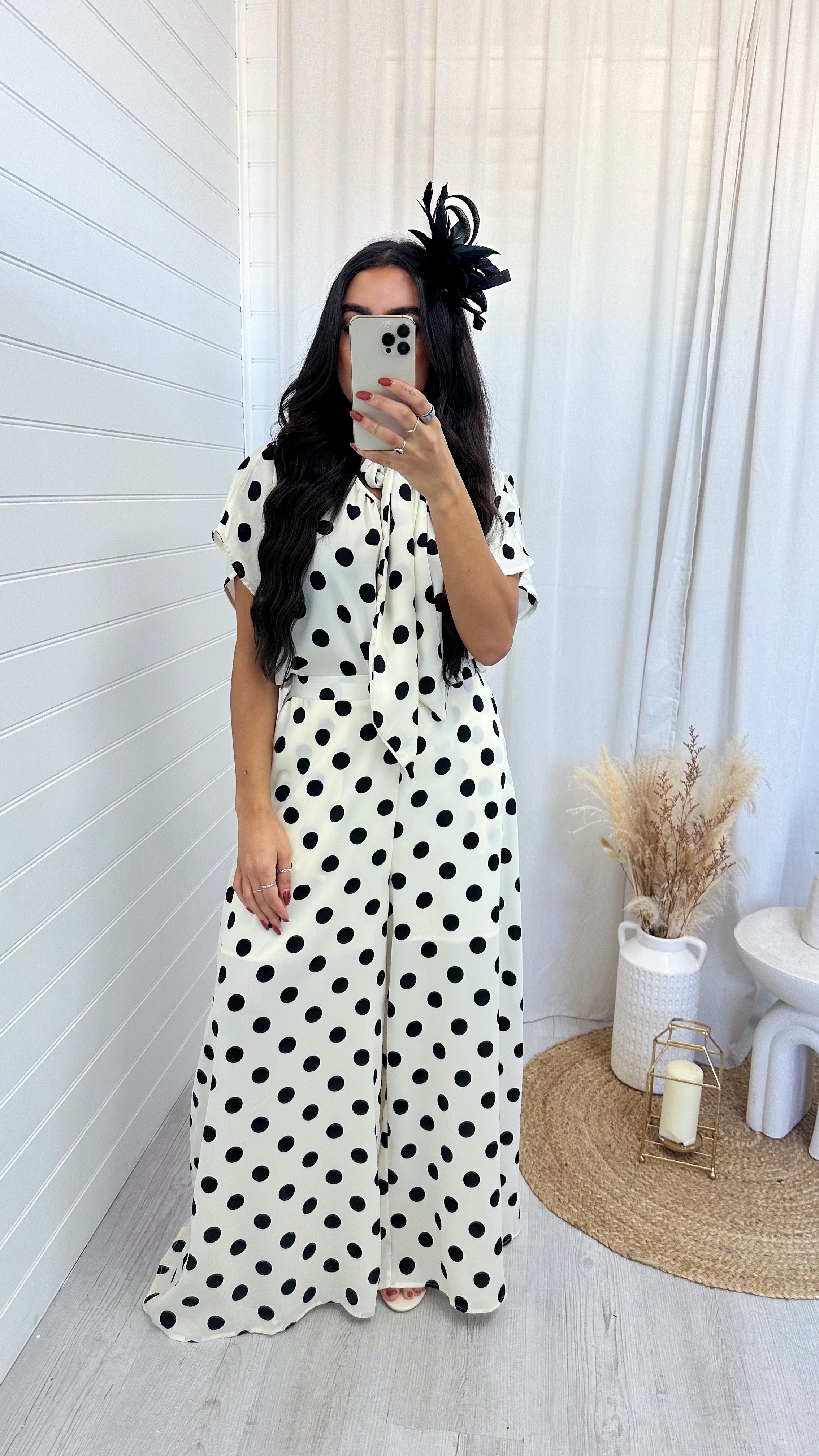 Polka Dot Bow Top and Wide Leg Trousers Co-Ord - CREAM/BLACK