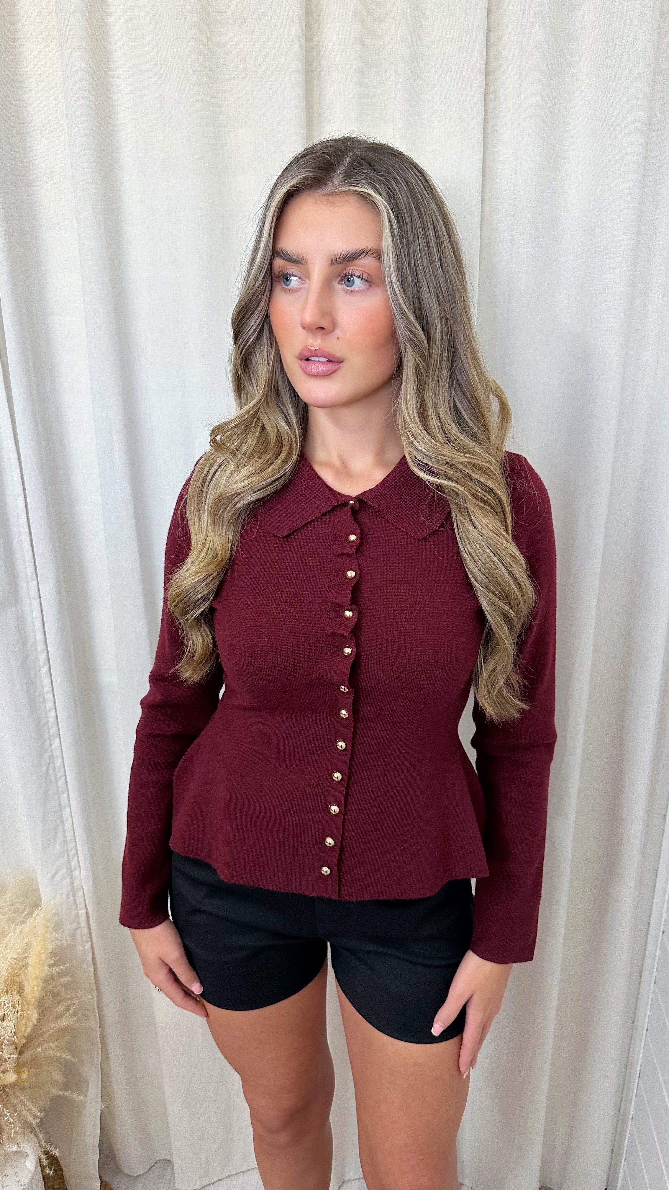 Peplum Gold Button Knitted Cardigan - WINE