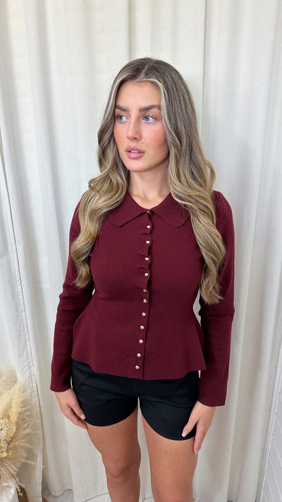 Peplum Gold Button Knitted Cardigan - WINE