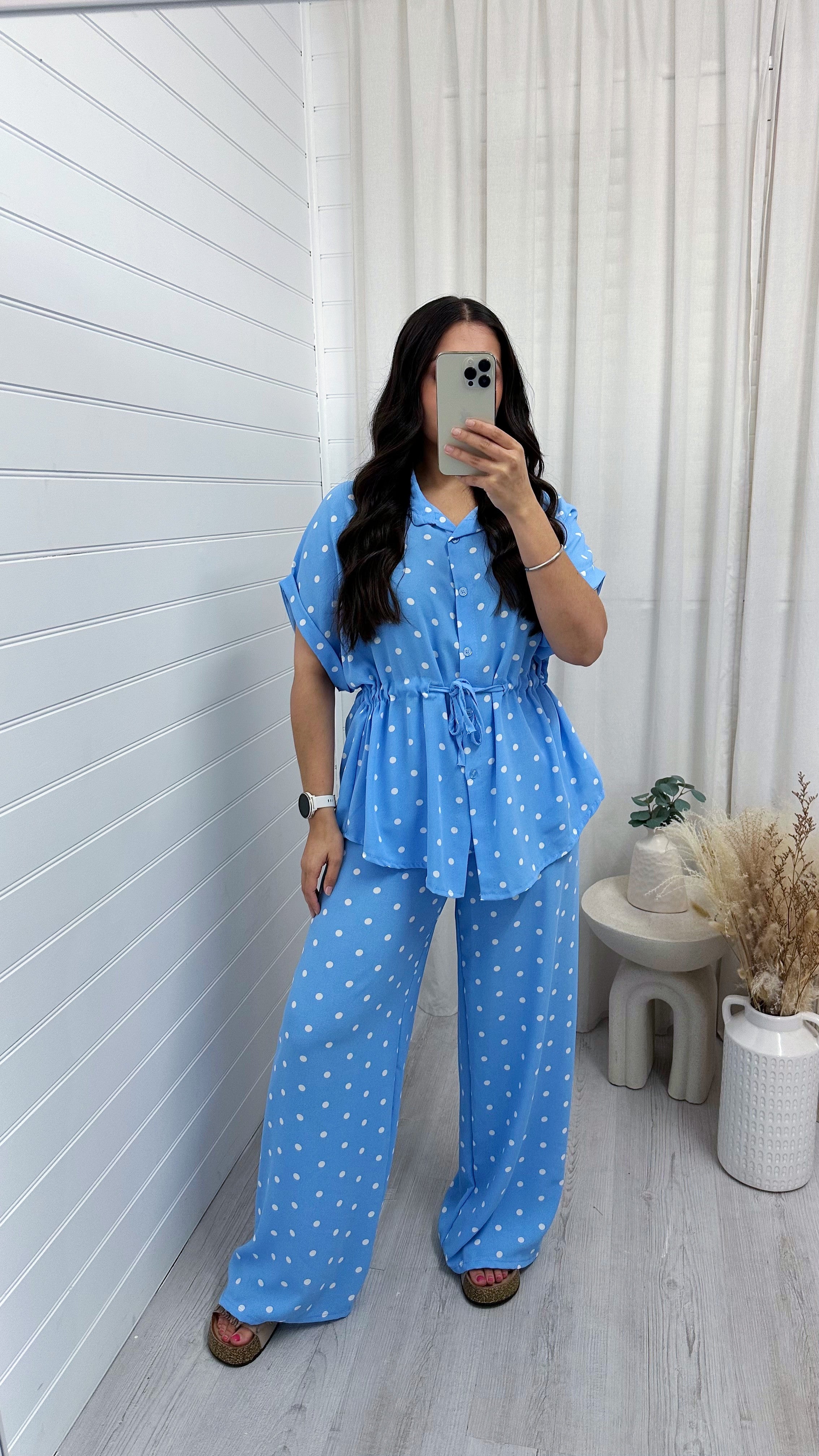 Polka Dot Cinched Shirt and Trousers Co-Ord - BABY BLUE