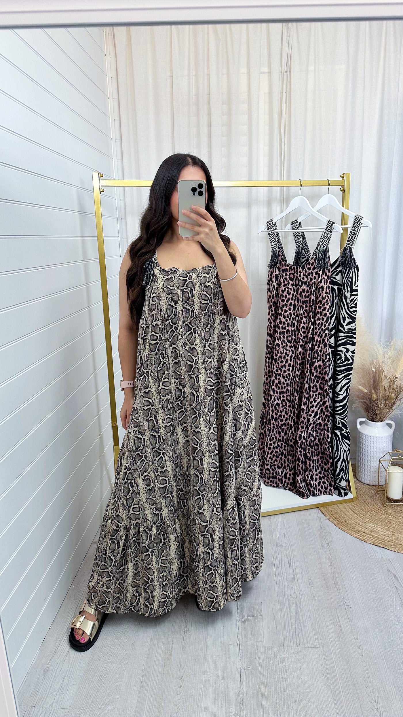 Snake Print Tassel Sleeve Frill Hem Maxi Dress