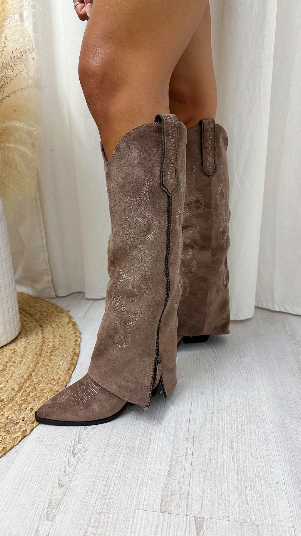 Knee High Embroidered Fold Over Cowboy Boots - TAUPE