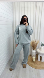 Knitted Logo Sweatshirt and Wide Leg Trousers Co-Ord - GREY