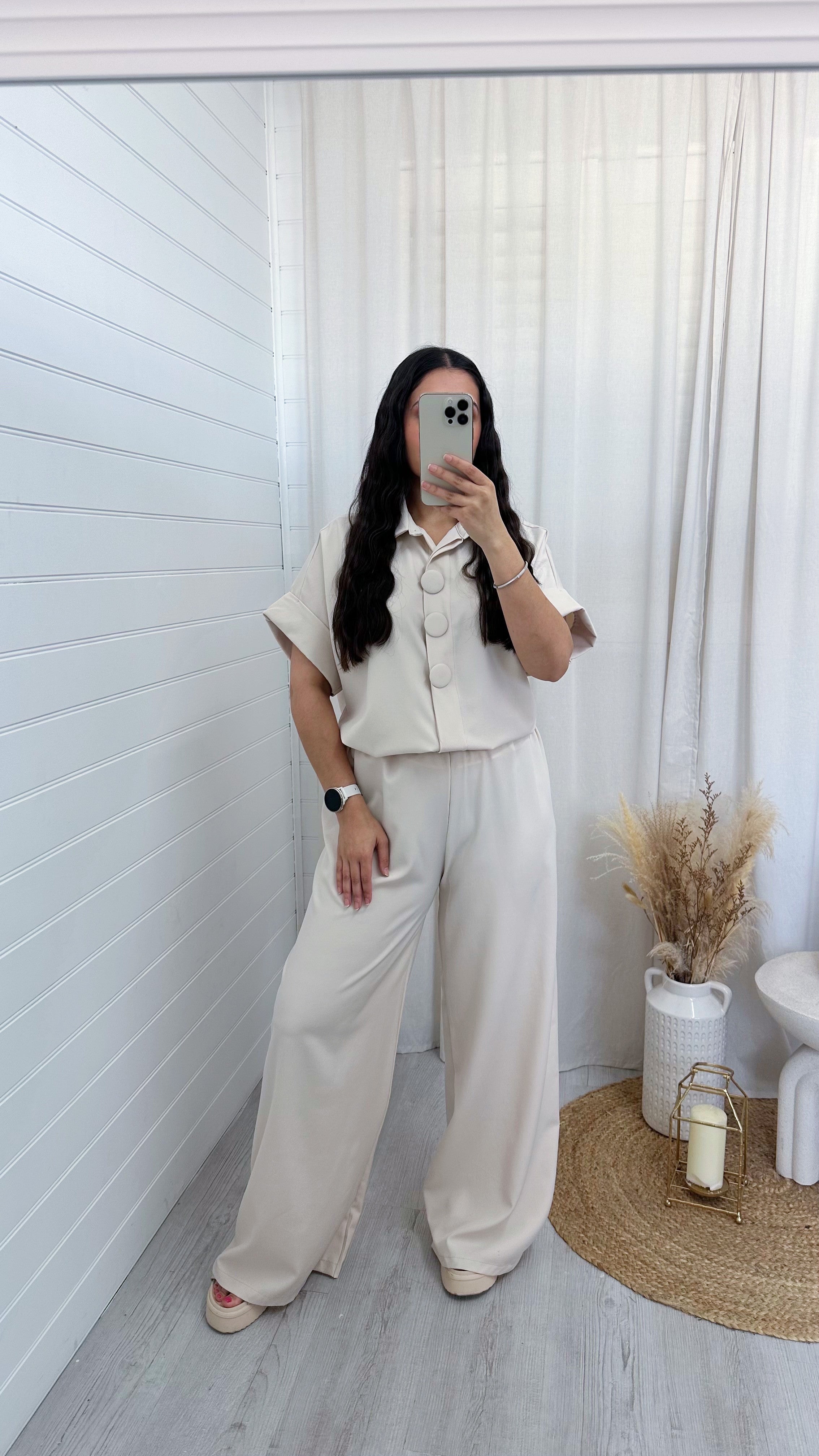 Chunky Button Shirt and Wide Leg Trousers Co-Ord - BEIGE