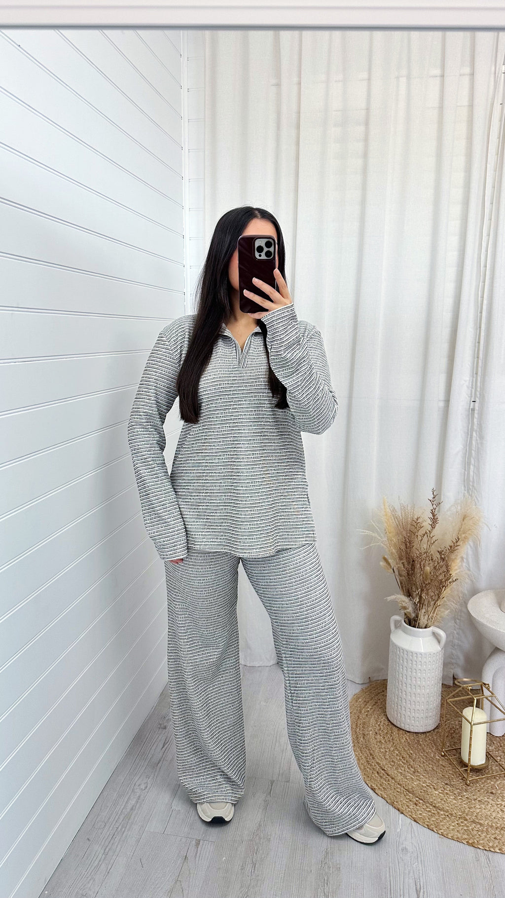 Textured Pinstripe Rugby Sweatshirt and Trousers Co-Ord - BEIGE