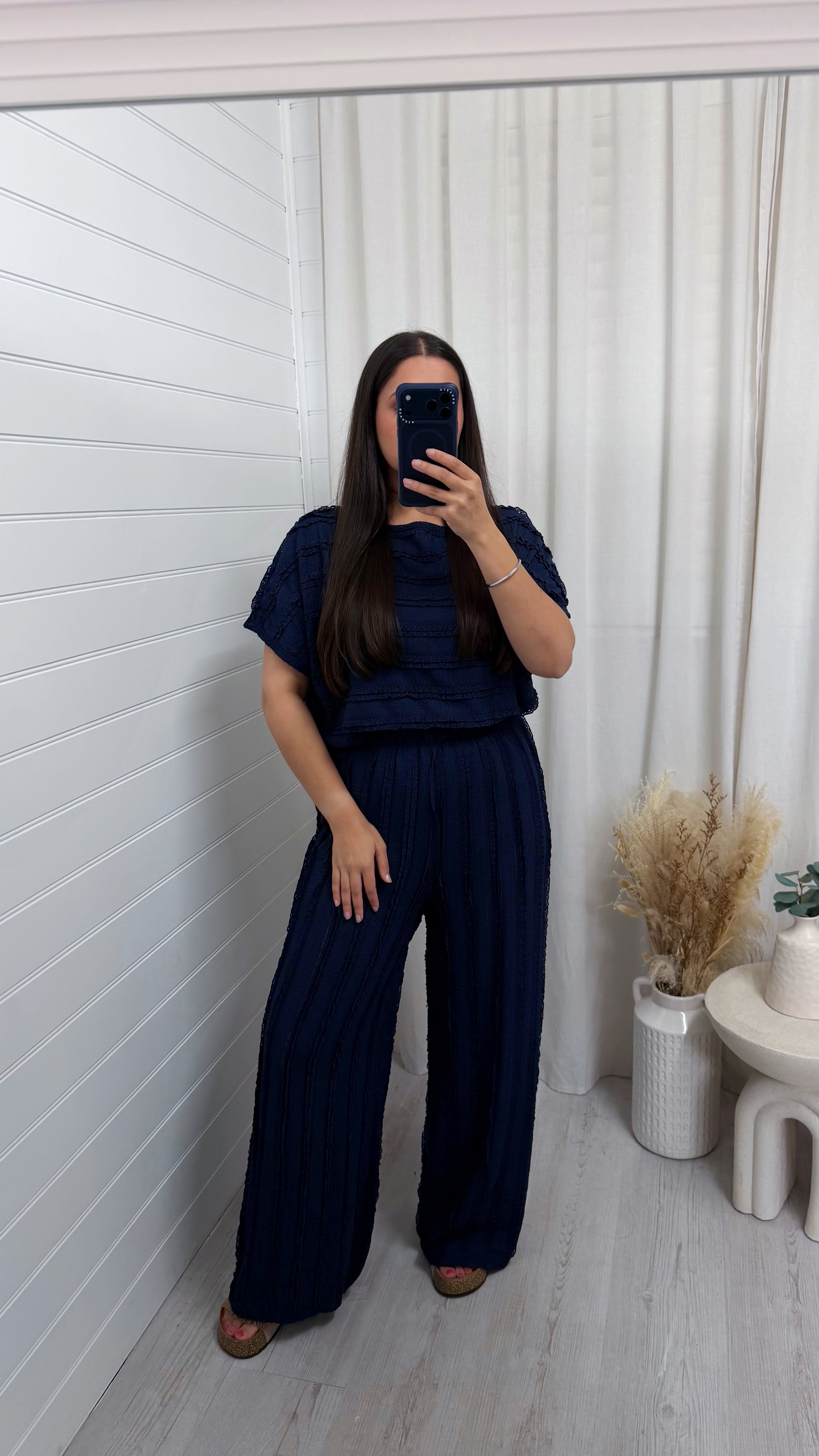 Frill Tiered T-Shirt and Wide Leg Trousers Co-Ord - NAVY