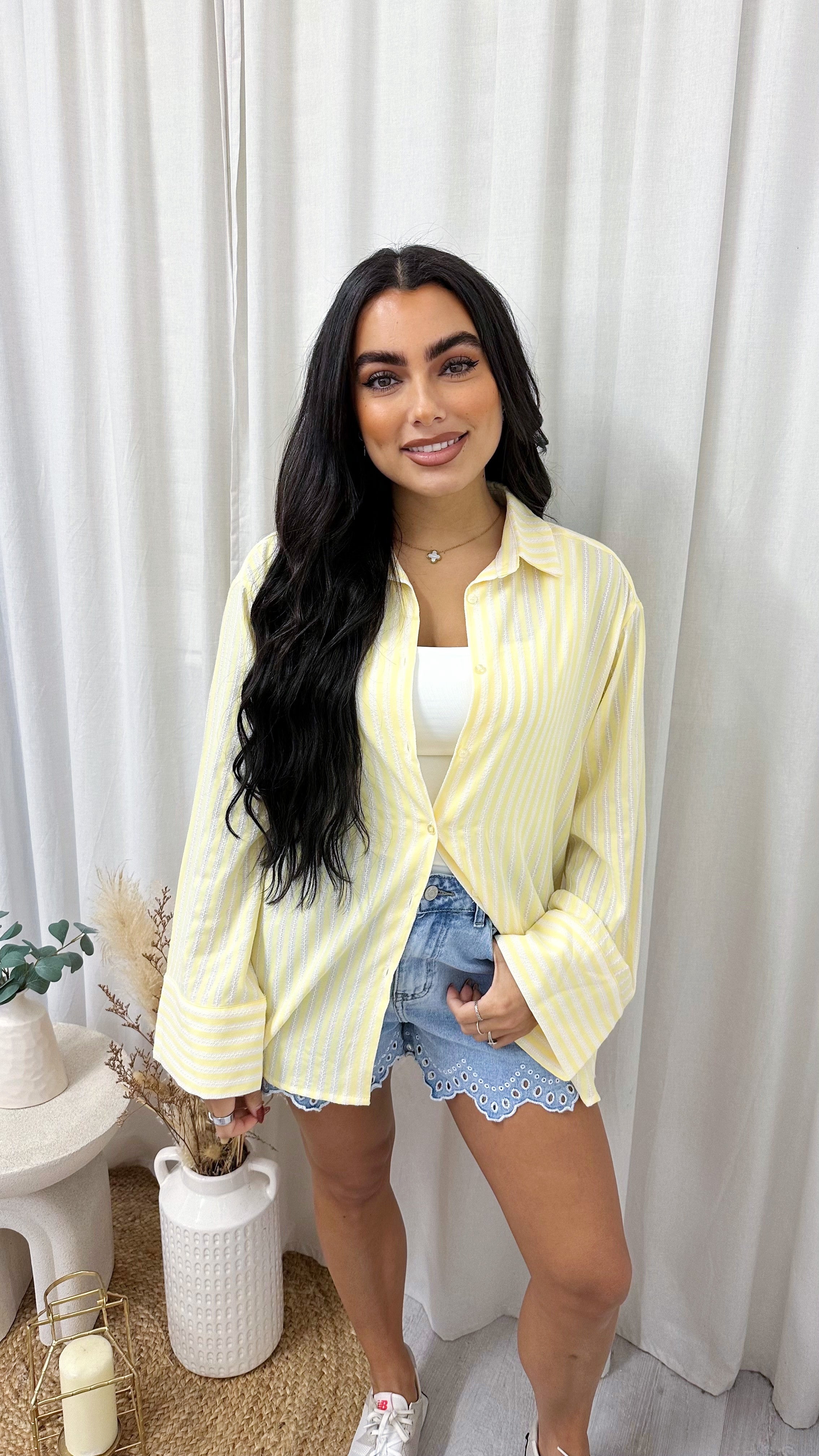 Pinstripe Oversized Cotton Shirt - LEMON