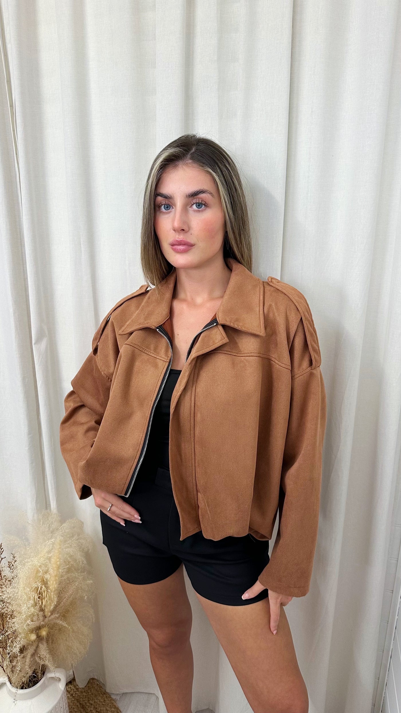 Suede Relaxed Fit Bomber Jacket - TAN