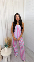 Pastel Stripe Shirred Top and Trousers Co-Ord - PINK
