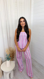 Pastel Stripe Shirred Top and Trousers Co-Ord - PINK