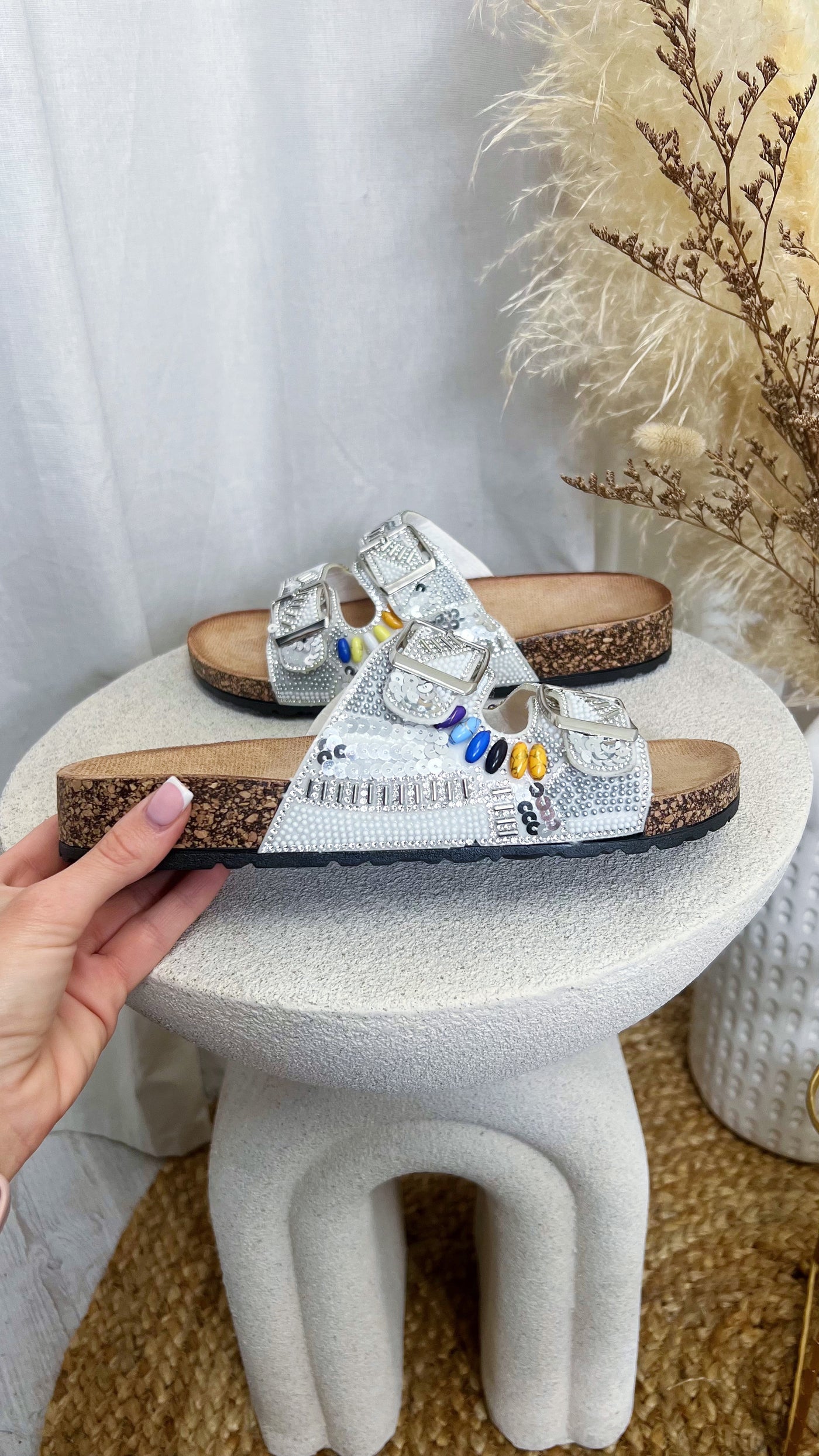 Boho Beaded Silver Buckle Sliders - WHITE