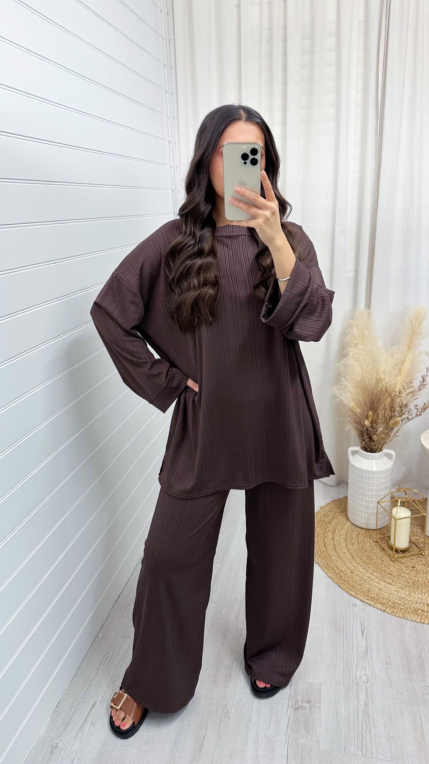 Long Sleeve Ribbed Top and Trousers Co-Ord - BROWN