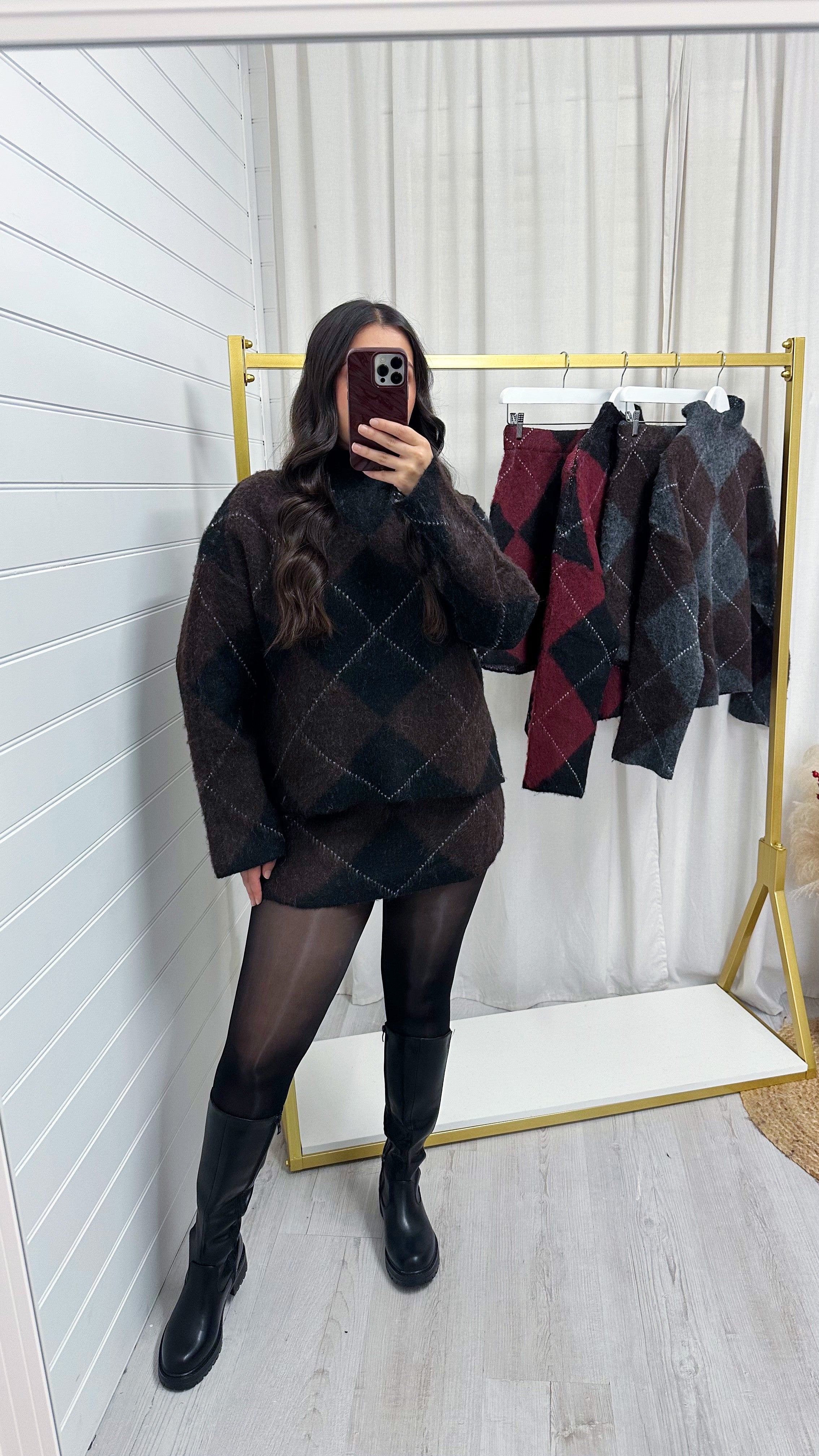 Argyle Woollen Jumper and Skirt Co-Ord - BLACK/BROWN