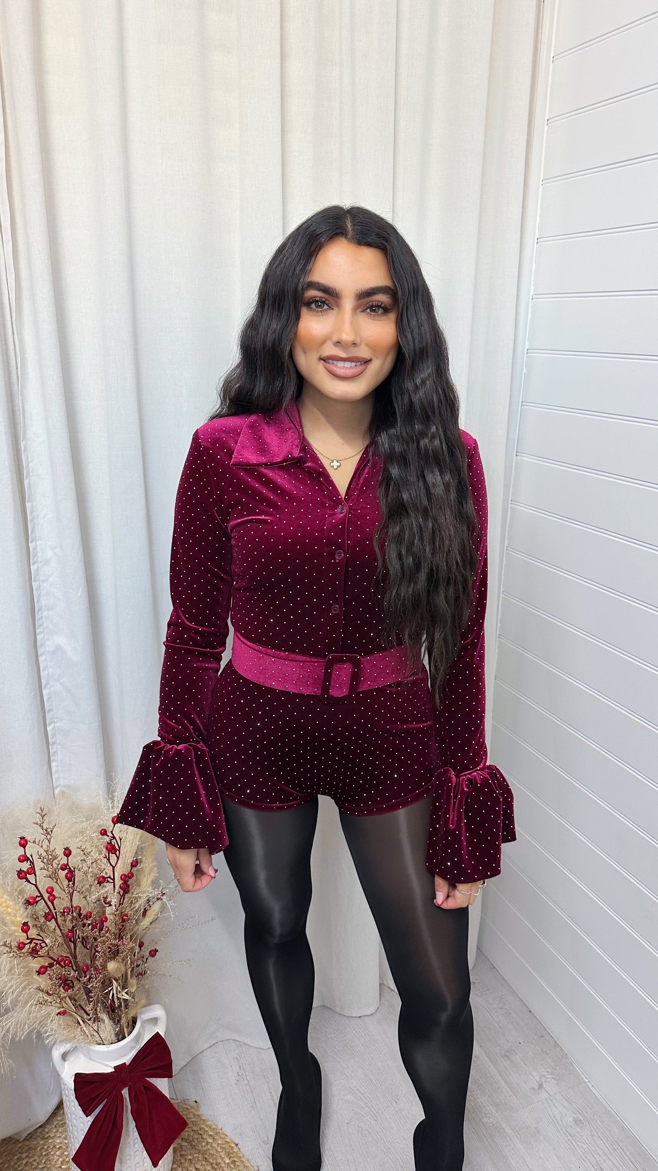 Velvet Rhinestone Belted Playsuit - WINE