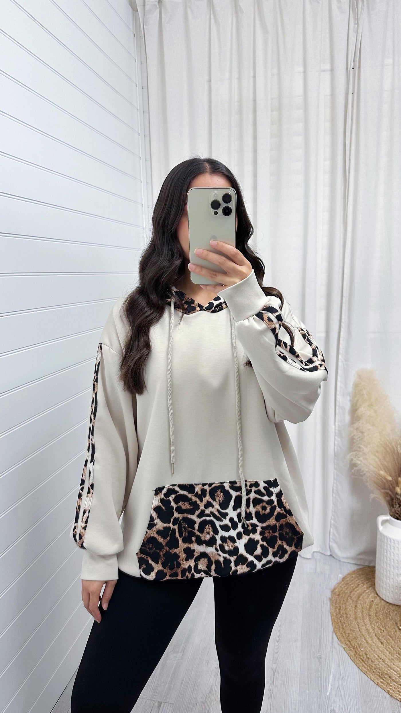 Oversized Leopard Contrast Hoodie - LIGHT BEIGE