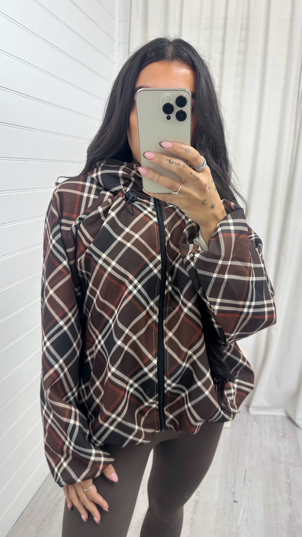 Large Check Print Bomber Jacket - BROWN