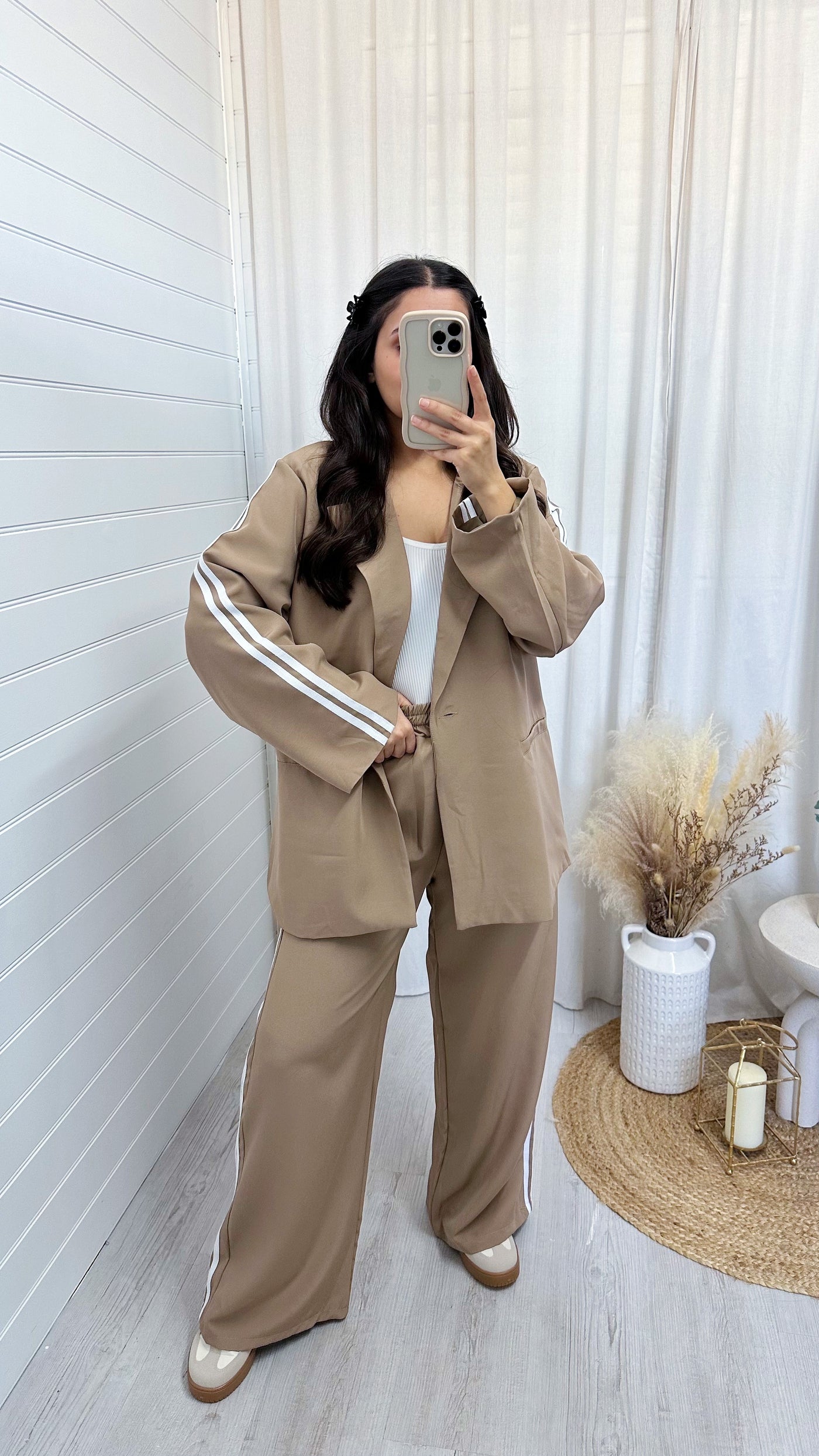 Side Stripe Oversized Blazer and Trousers Suit - BEIGE