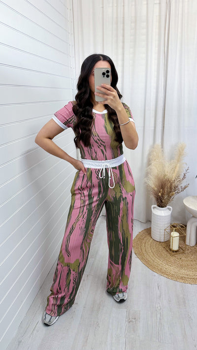 Marble Ribbed White Trim Crop Top and Trouser Co-Ord - PINK/GREEN