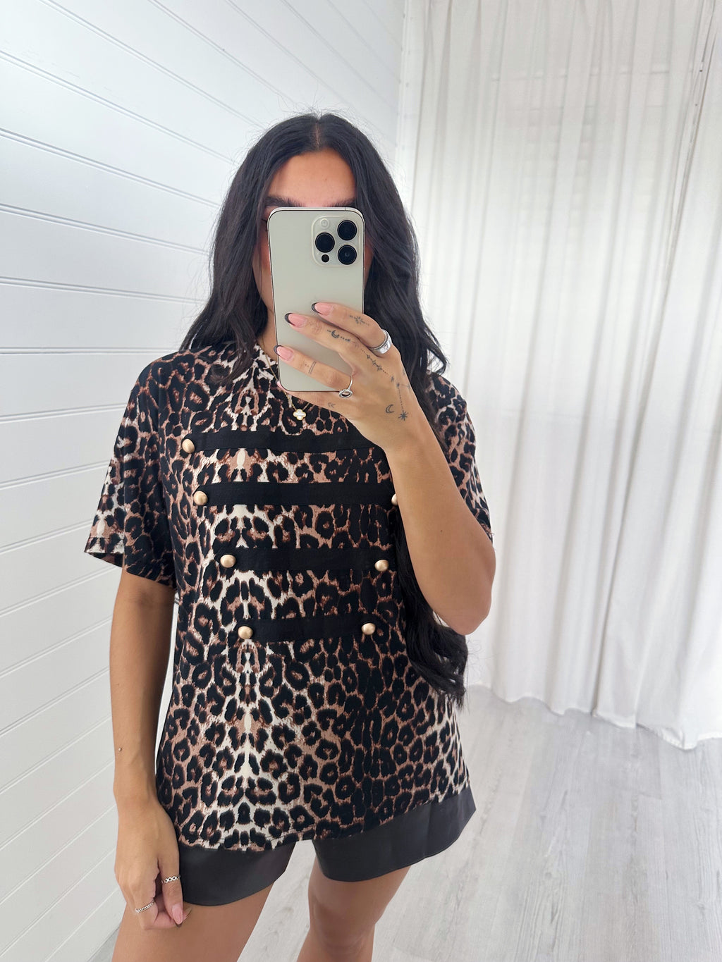 Leopard Print Button Front T-Shirt - BROWN/BLACK