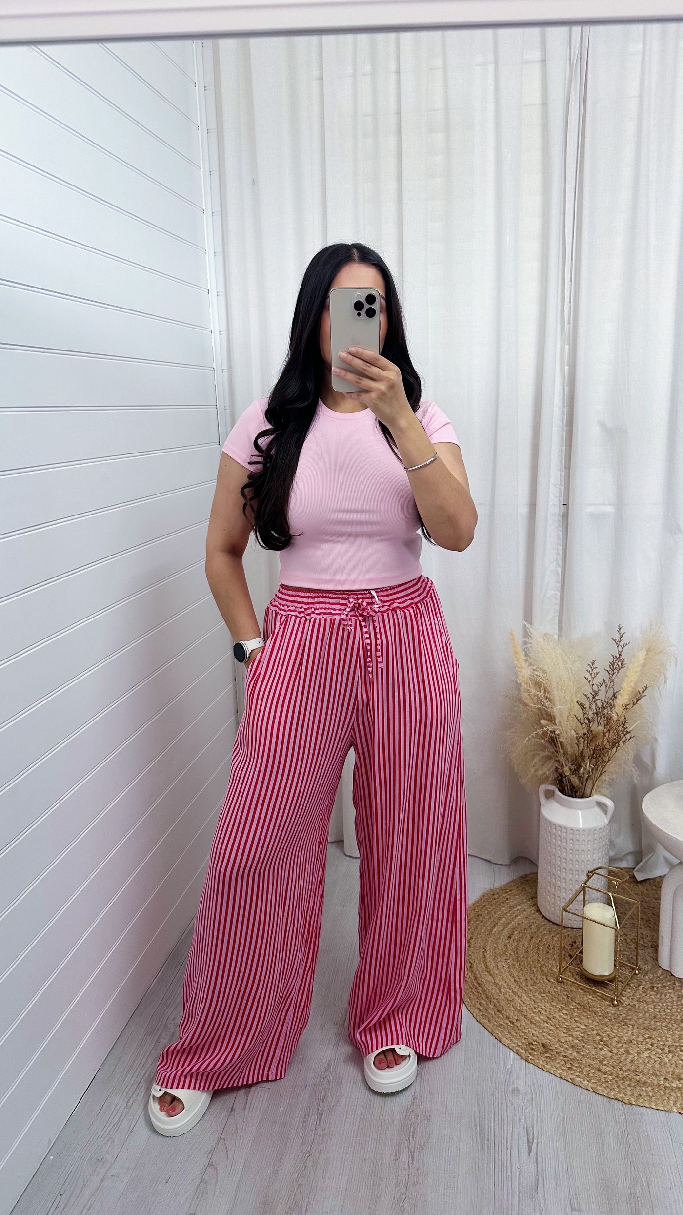 Pinstripe Linen Wide Leg Trousers - PINK/RED