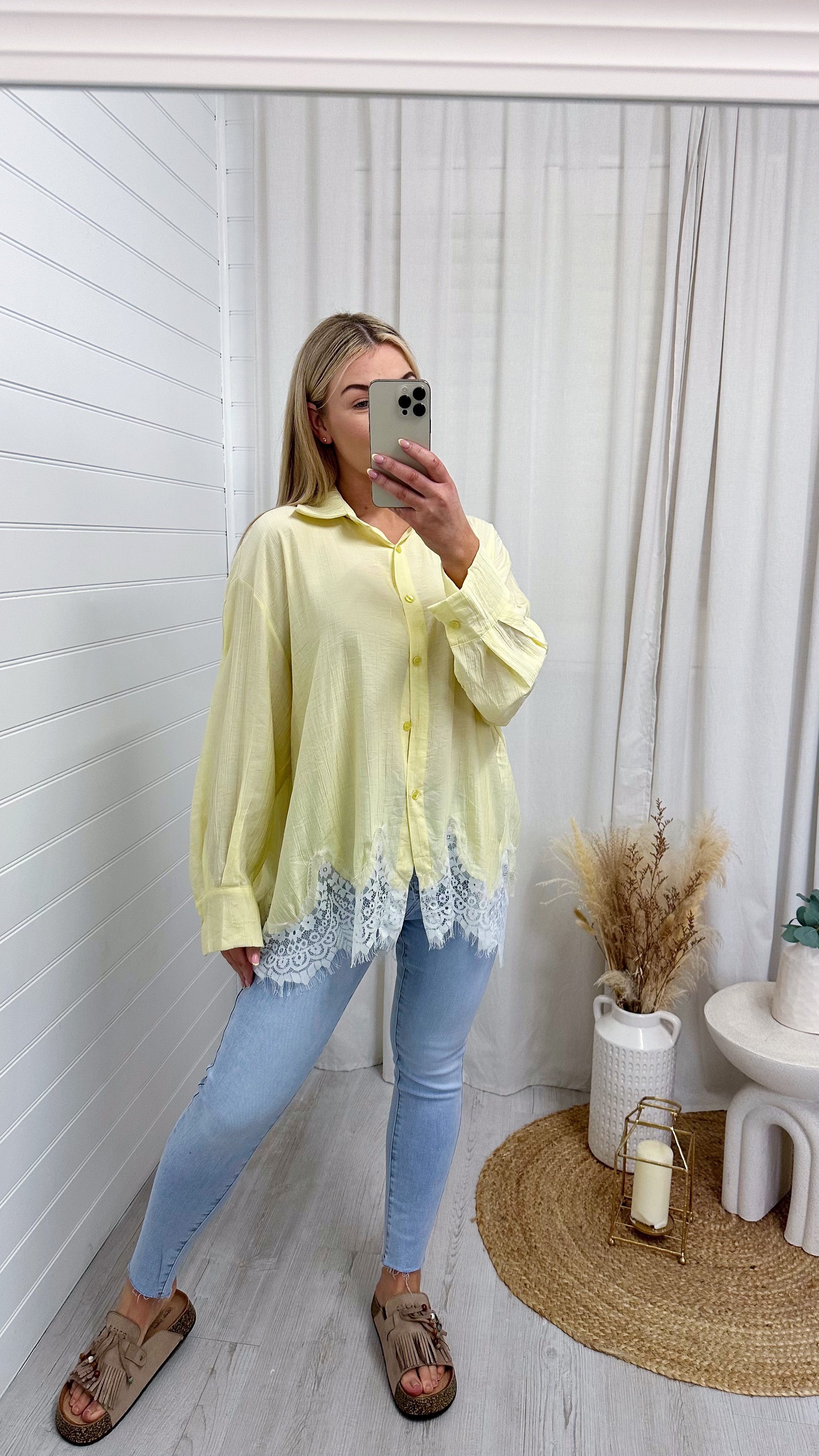 Lace Hem Crinke Shirt - LEMON