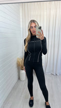Front Piping Jacket and Leggings Activewear Set - BLACK