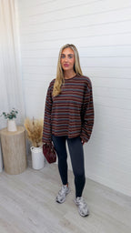 Relaxed Long Sleeve Stripe T-Shirt - BURGUNDY/SLATE