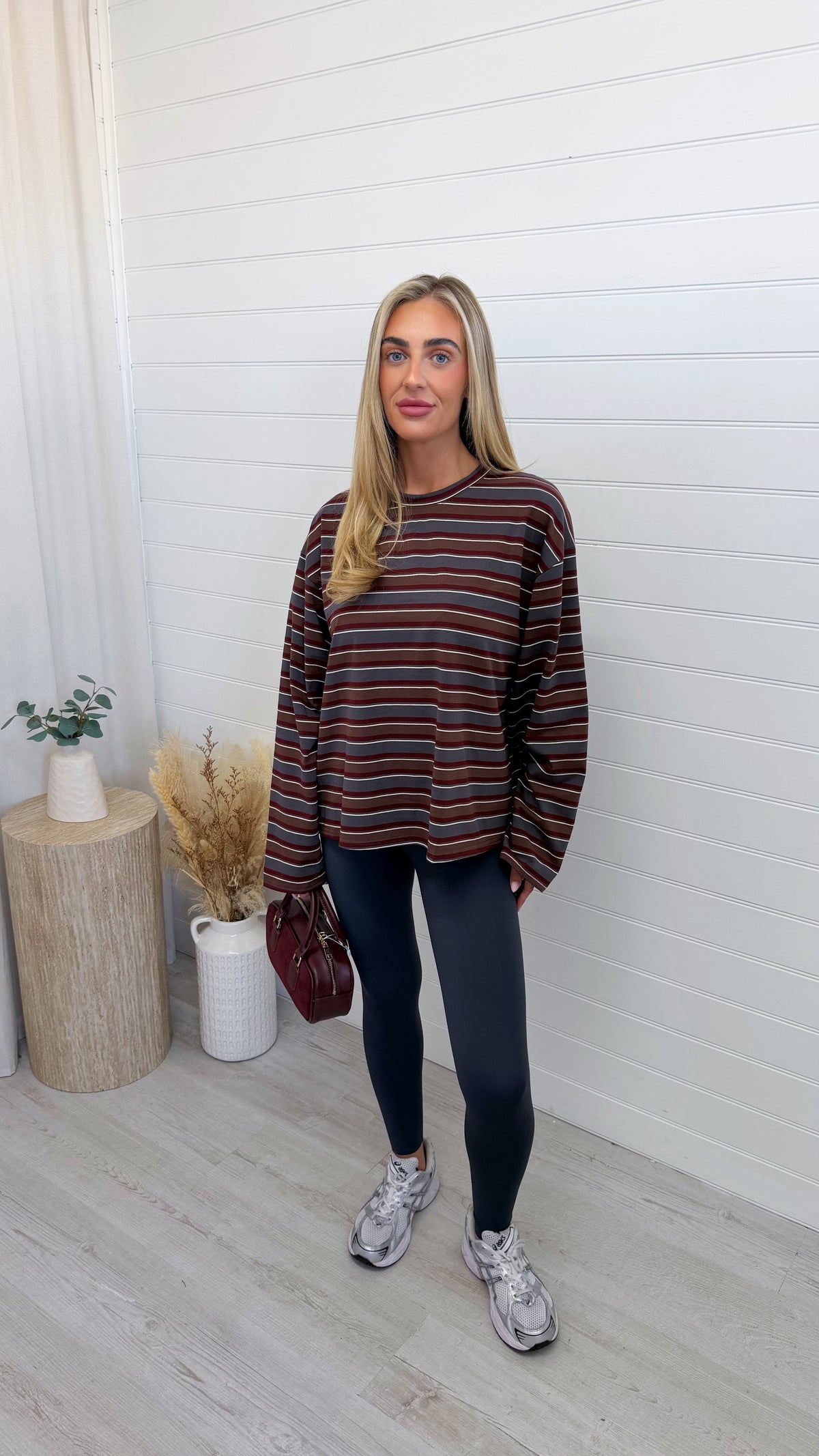 Relaxed Long Sleeve Stripe T-Shirt - BURGUNDY/SLATE