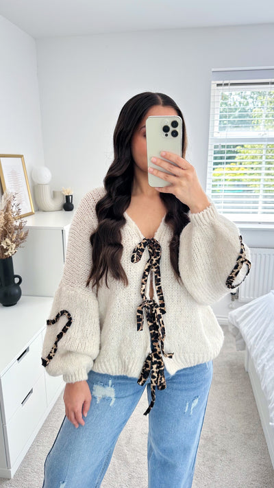 Leopard Bow Tie Cardigan - LIGHT BEIGE