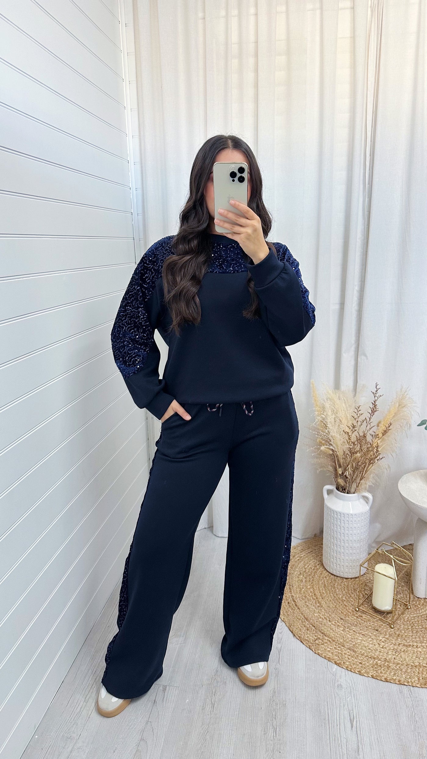Sequin Sleeve Sweatshirt and Joggers Tracksuit - NAVY