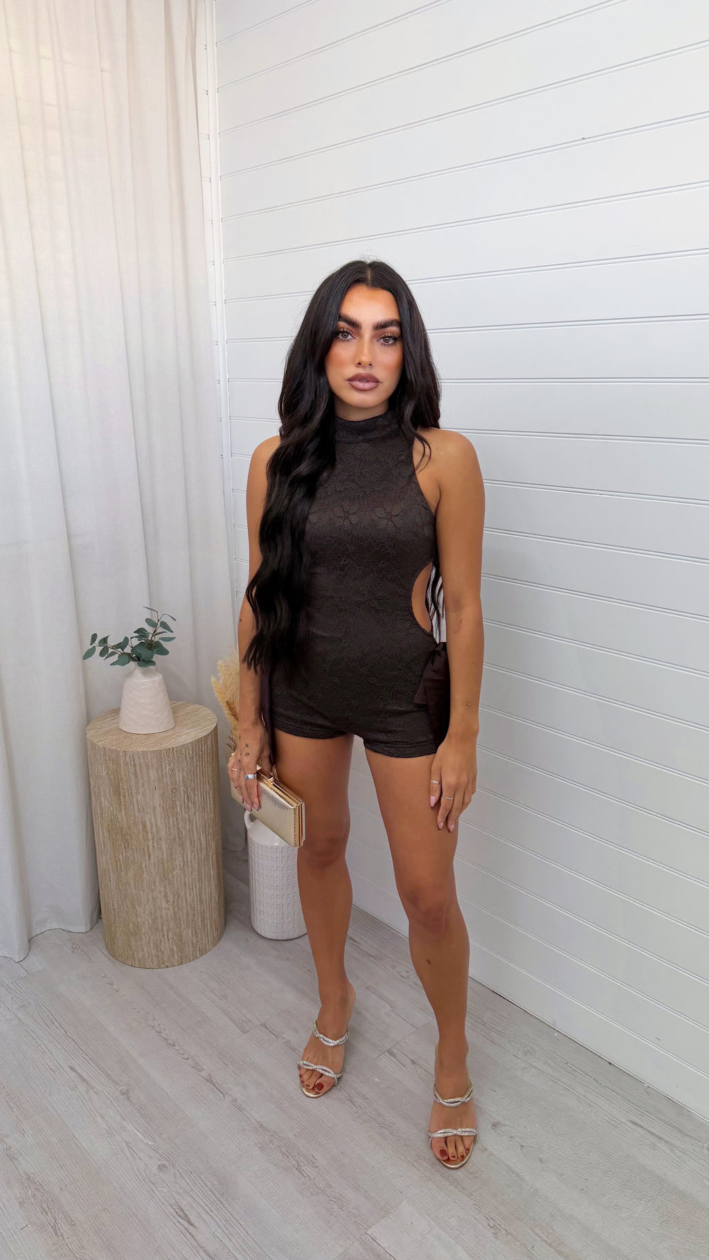 Cut Out Lace Playsuit - BROWN