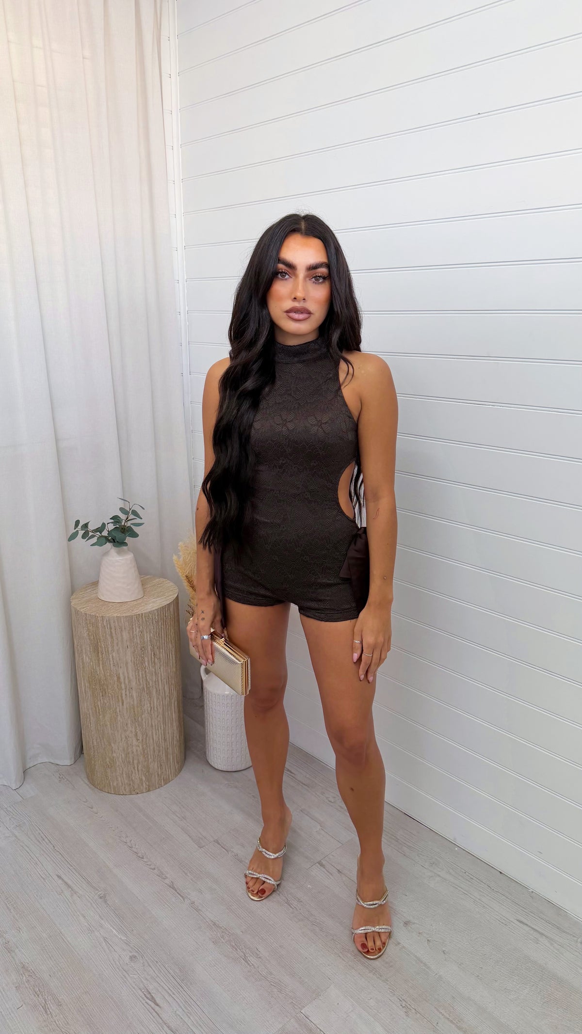 Cut Out Lace Playsuit - BROWN