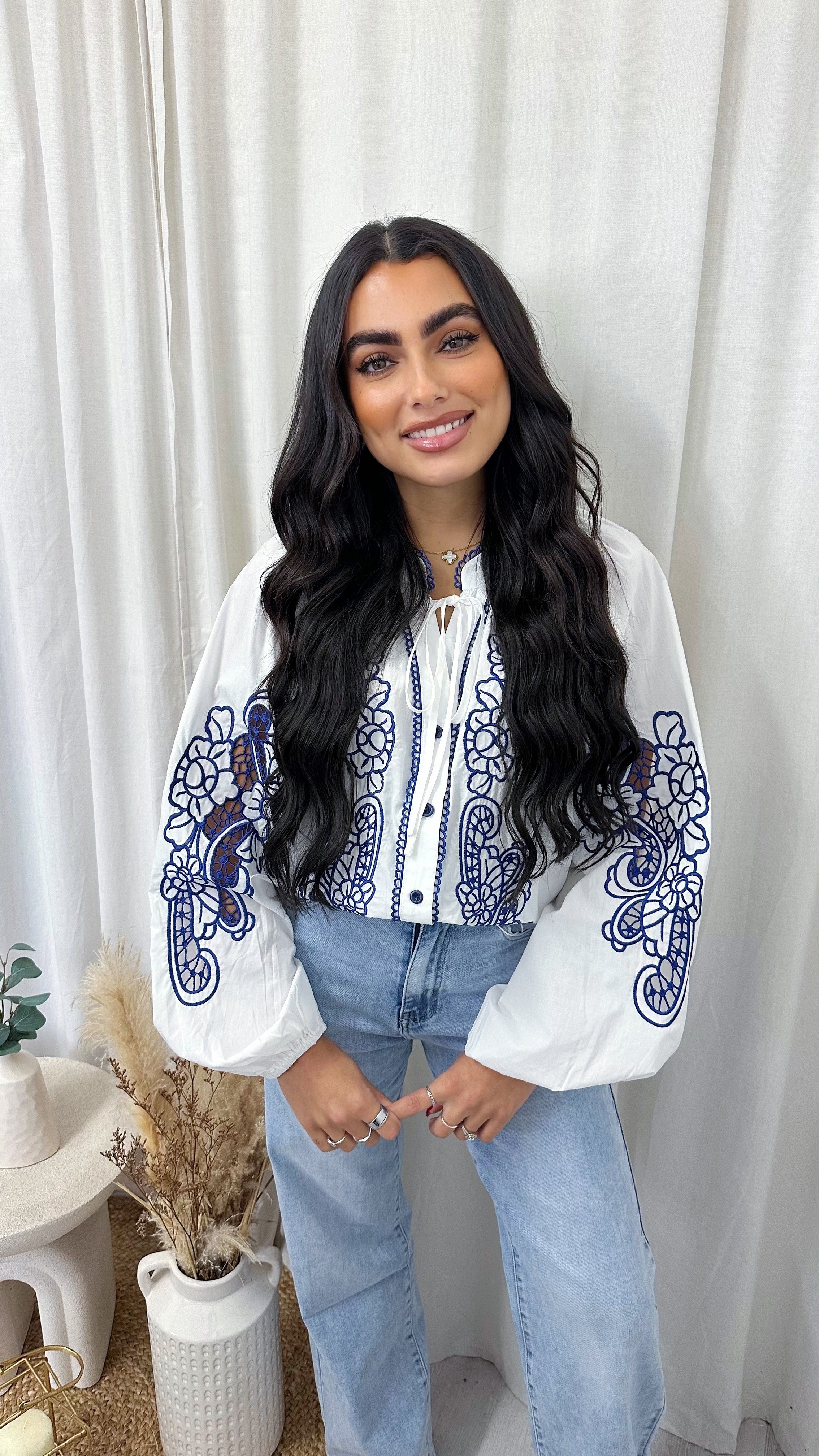 Paisley Embroidered Balloon Sleeve Shirt - WHITE/BLUE