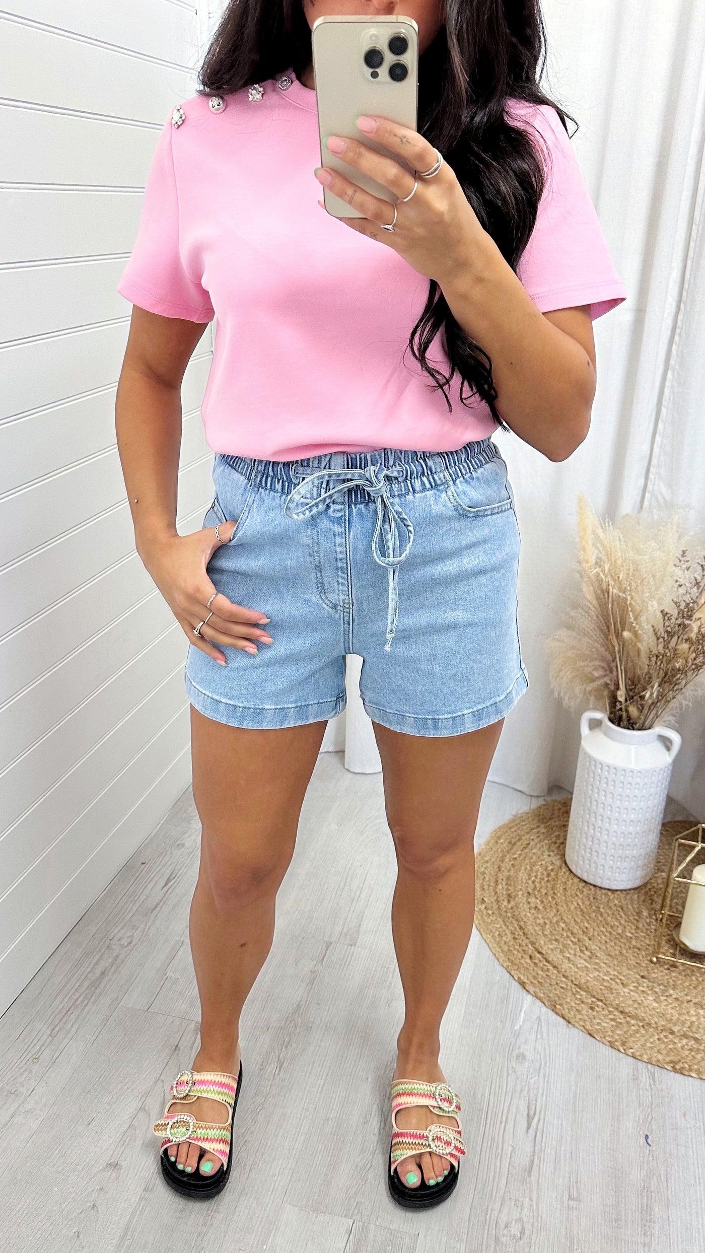 Paper Bag Denim Shorts - LIGHT BLUE
