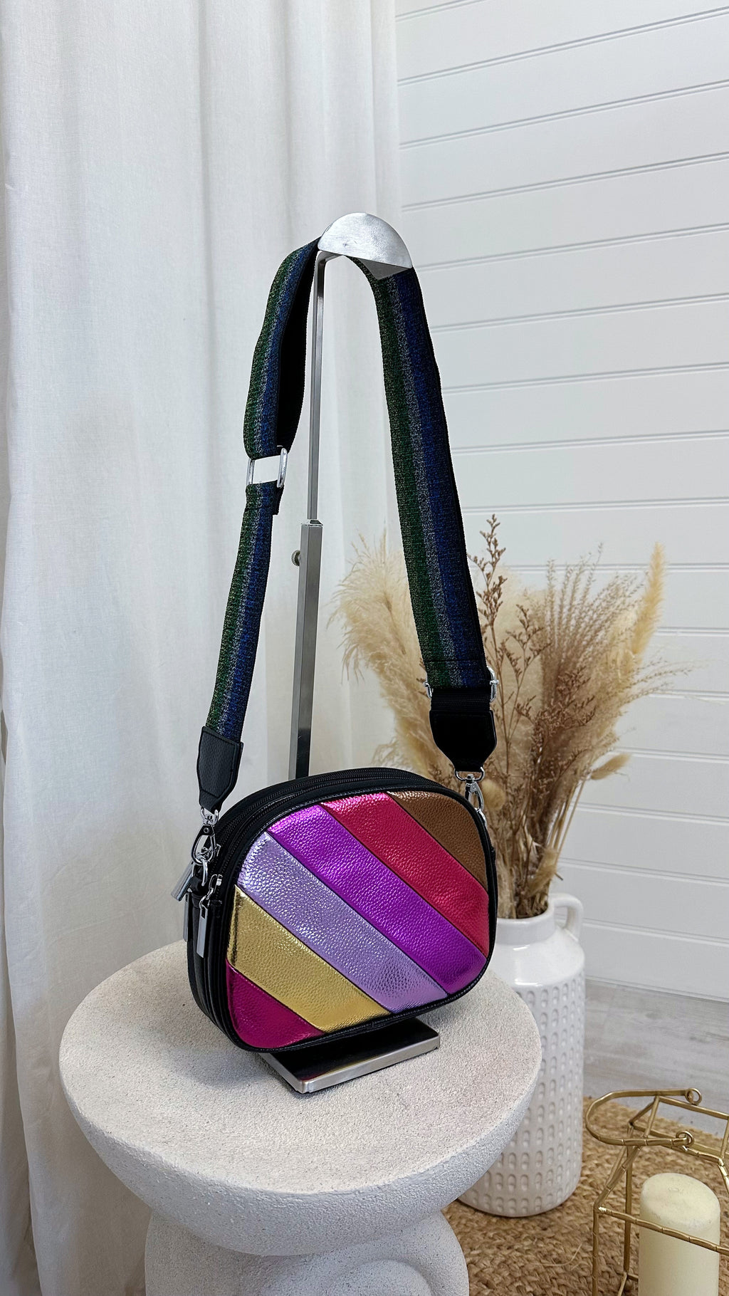 Multicolour Metallic Stripe Cross Body Bag - BLACK