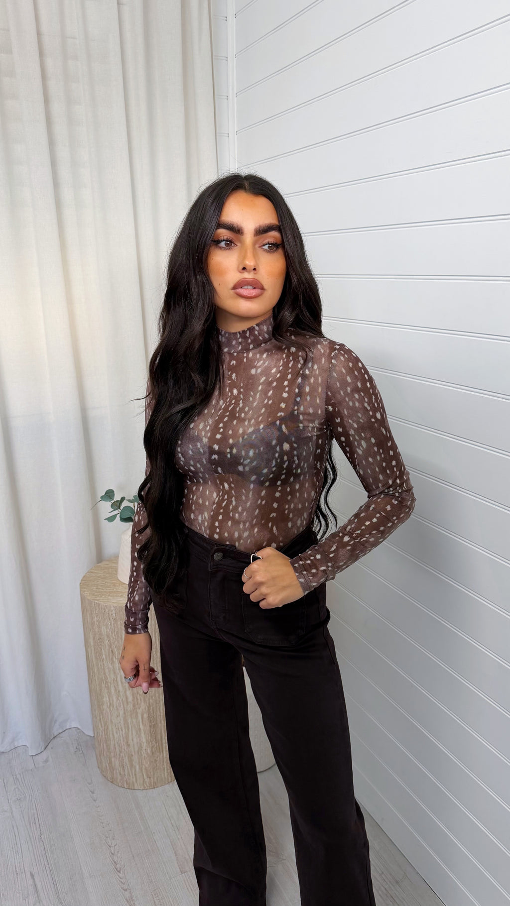 Deer Print Mesh Bodysuit - TAUPE