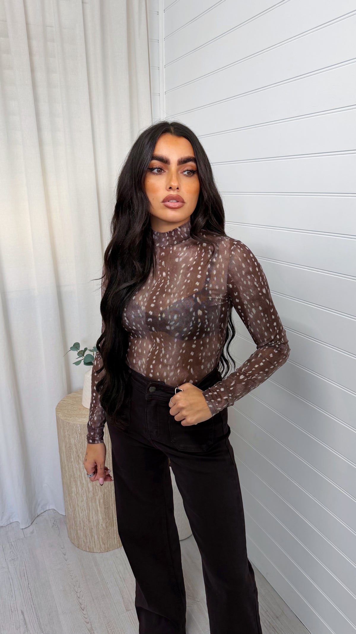 Deer Print Mesh Bodysuit - TAUPE