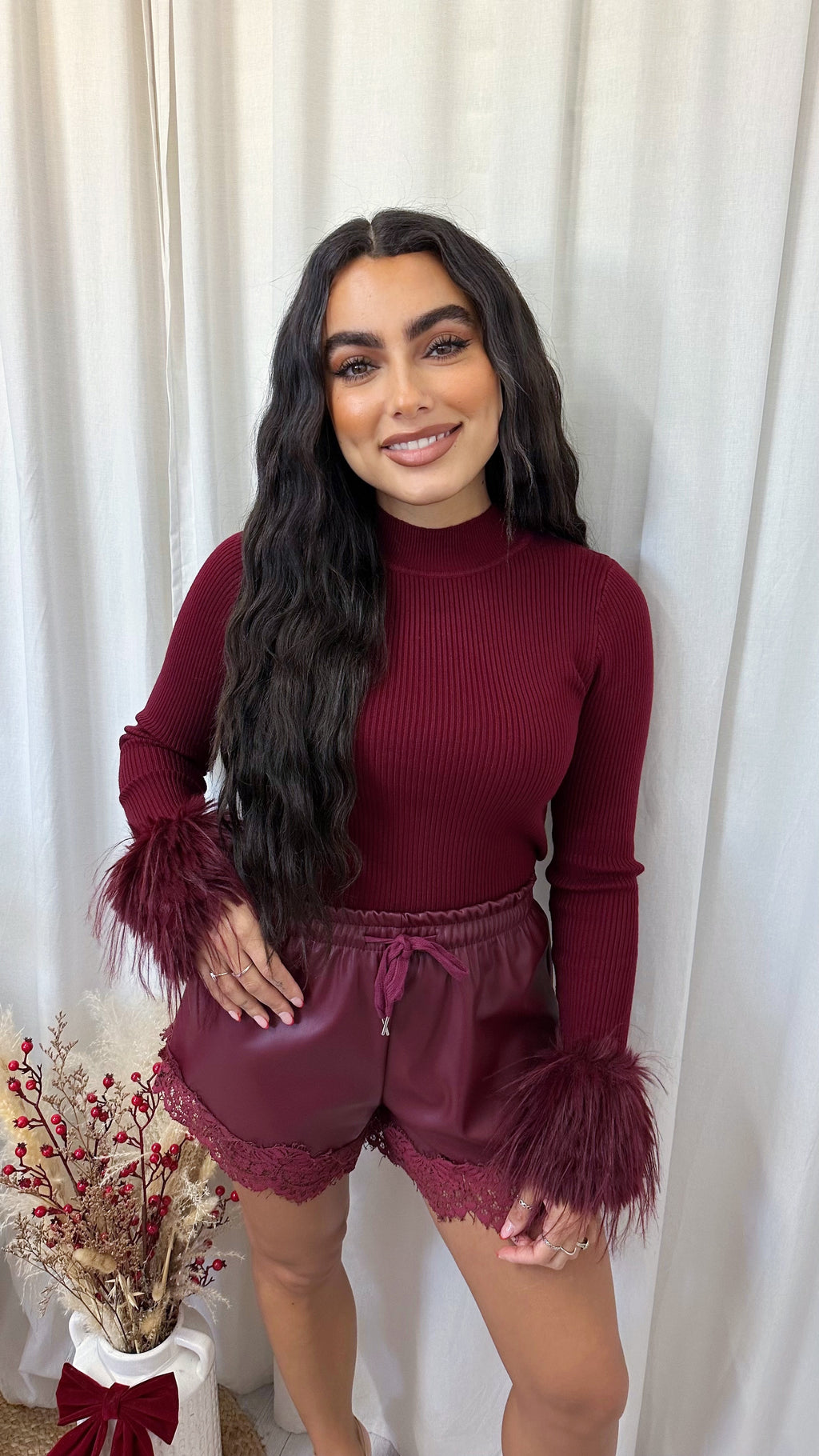 Lace Trim PU Shorts - WINE