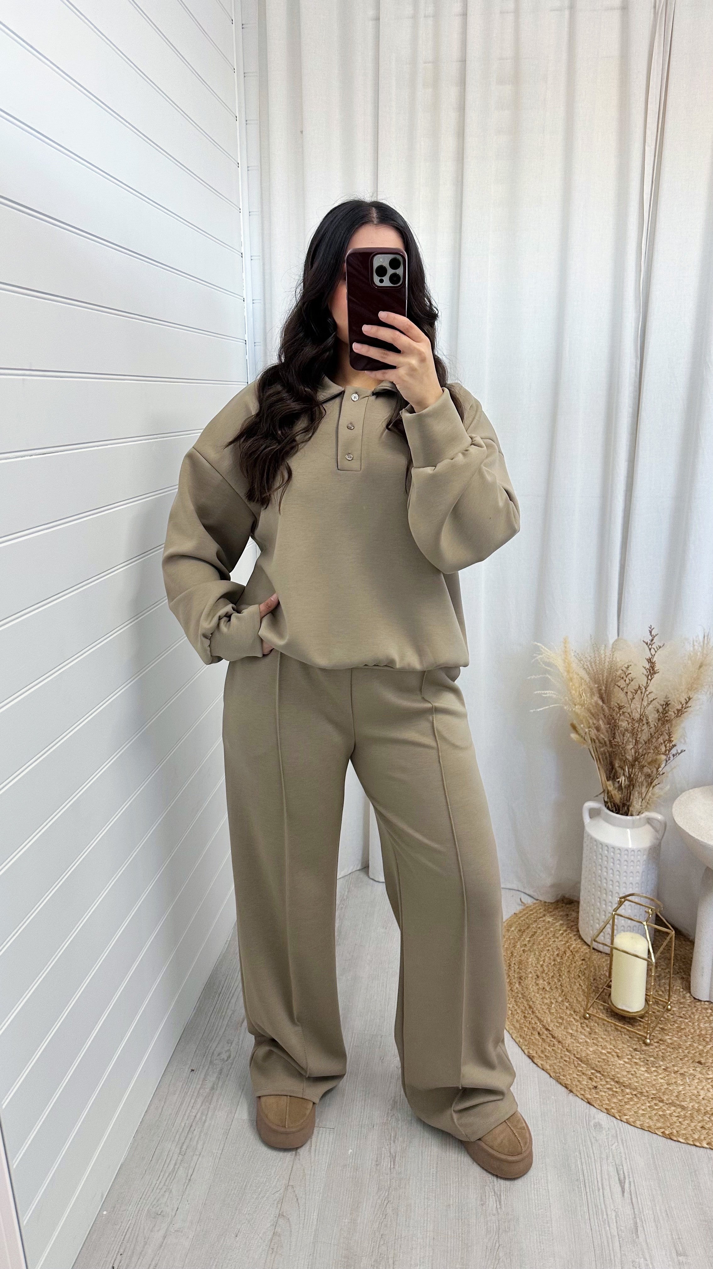 Collared Sweatshirt and Seam Front Joggers Co-Ord - BEIGE