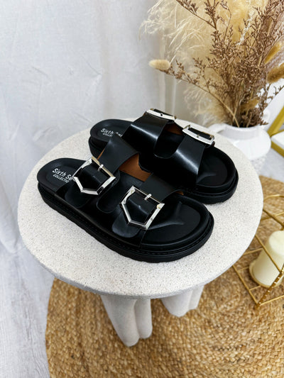 Silver Double Buckle Chunky Slider - BLACK