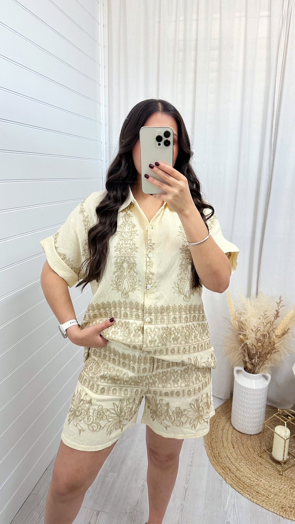 Gold Sparkle Embroidered Shirt and Shorts Co-Ord - CREAM